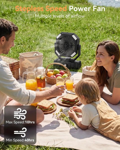 Family picnic with Misting Fan For Camping With Light, Rechargeable Portable Tent Fan, black, on grass providing cooling mist.