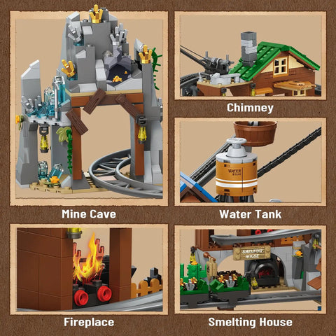1170 Piece Mine Roller Coaster Building Blocks Set with chain lift, water wheel, mine cave, smelting house model for ages 6-14