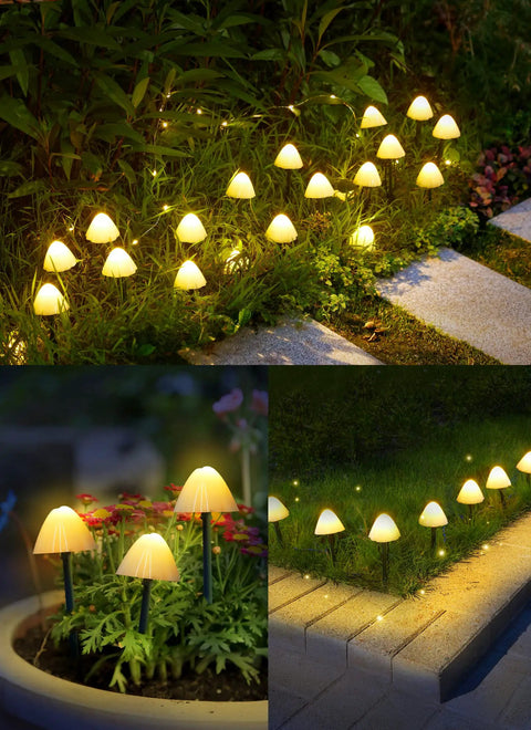 Sun Powered Mushroom String Lights, 20 LED Over 32.8 Feet Of Outdoor Waterproof Pathway Lighting For Fence, Patio, Or Yard
