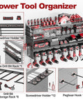 4 Tier Power Tool Organizer Wall Mount With 8 Drill Slots And Side Pegboards, Pro Grade Heavy Duty Tool Rack holding various tools