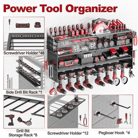 4 Tier Power Tool Organizer Wall Mount With 8 Drill Slots And Side Pegboards, Pro Grade Heavy Duty Tool Rack holding various tools