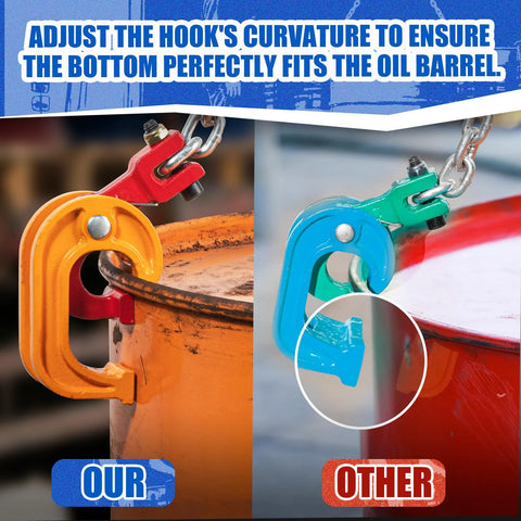 Front and side views of a 55-gallon drum lift clamp in orange and blue with hooks for lifting steel drums.