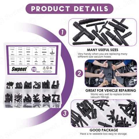Front view: Swpeet 113-piece barbed vacuum connector kit with tees, reducers, and straights for replacing vacuum hoses