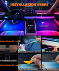 Installation steps for Interior Car LED Strip Lights Kit with Dreamcolor Chasing in a car cabin, showing dashboard and footwell lighting.