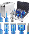 Dope Diamond Core Drill Bit Set For Porcelain Tile Ceramic Marble Granite Drilling With Diamond Drill Bits 6/6/8/25/35/50mm And Diamond Chamfer Finger Bits 0-4/5 Inch 5/8-11 Thread Grit 50/60 Adapter Included in carrying case