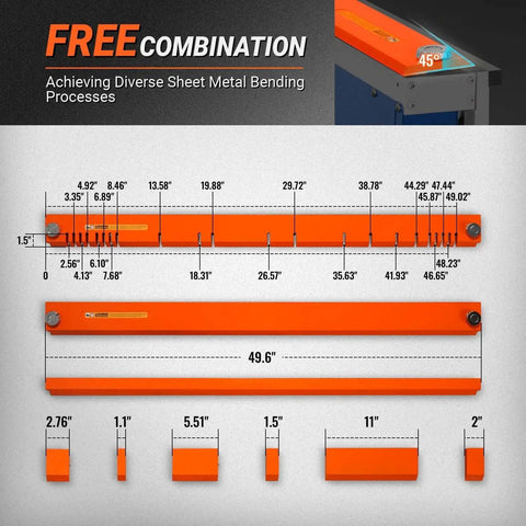 Dimensional diagram of Industrial Magnetic Pan And Box Sheet Metal Brake for 20 gauge capacity showing various bending configurations.