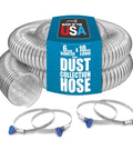 Clear Six Inch PVC Dust Collection Hose Ten Feet Long With Four Thumbscrew Clamps detailed view with clamps displayed.