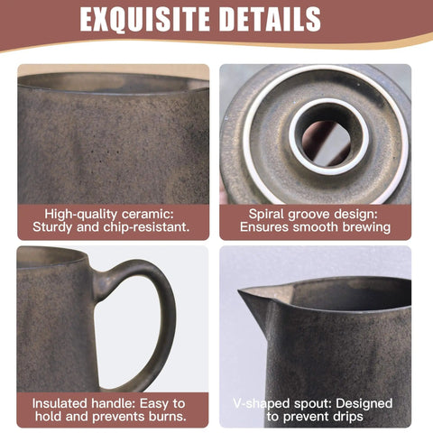 Close-up of Real Heavy Duty Ceramic Pour Over Coffee Dripper, featuring insulated handle and V-shaped spout for easy use.