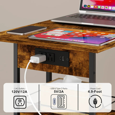 C Shaped Side Table With Charging Station And Wheels For Bedroom Living Room And Home Office Type C USB Ports And Two AC Outlets To Charge Up To Four Devices Plug And Play showcasing charging capabilities with laptop and phone on top.