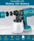 Boss Level Cordless Paint Sprayer Built Tough For Makita 18V Batteries 1000Ml Hvlp Tank with detachable design and four nozzles.