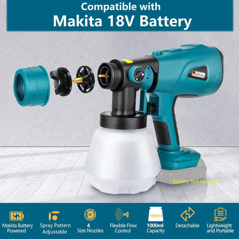 Boss Level Cordless Paint Sprayer Built Tough For Makita 18V Batteries 1000Ml Hvlp Tank with detachable design and four nozzles.