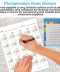 Hand writing next to 30 Classroom Multiplication Chart Stickers For Kids 3 Point 8 By 4 Point 9 Inches Big Times Table Chart