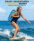 Woman using Roll Top Waterproof Dry Bag 10L on paddleboard, showcasing lightweight yet heavy duty gear for water sports.