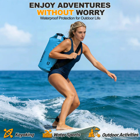Woman using Roll Top Waterproof Dry Bag 10L on paddleboard, showcasing lightweight yet heavy duty gear for water sports.