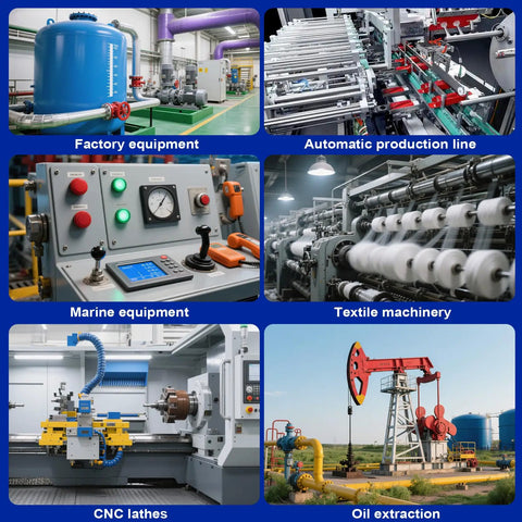 Collage of various industrial machinery, including factory equipment, production line, marine equipment, textile machinery, CNC lathes, and oil extraction rig.