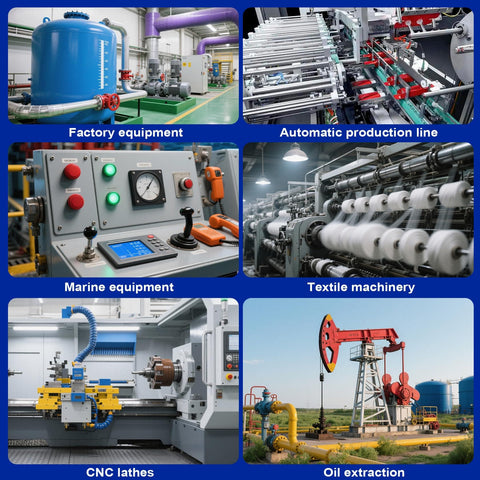 Collage of industrial scenes including factory equipment, automatic production line, and CNC lathes for diverse manufacturing applications.