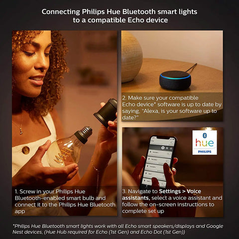 Person connecting Smart Filament LED Bulbs White A19 Edison Style Two Pack For Vintage Look with Echo device and smartphone