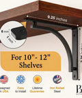 Heavy Duty 10 Inch Black L Shelf Brackets Set Of 4, wall mount shelving bracket supporting wooden shelf with dimensions.