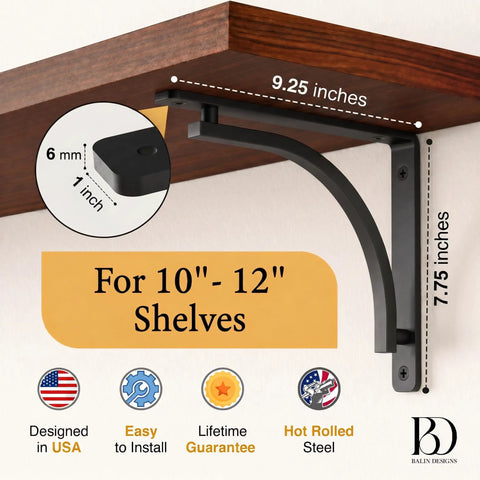 Heavy Duty 10 Inch Black L Shelf Brackets Set Of 4, wall mount shelving bracket supporting wooden shelf with dimensions.
