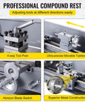 Compact Mini Metal Lathe Machine Delivering Smooth 2500 RPM Variable Speed Rotation Powered By A Kickass 750W Brushless Motor For Any Weekend Warrior Builder, showing 4-way tool post and movable tailstock.