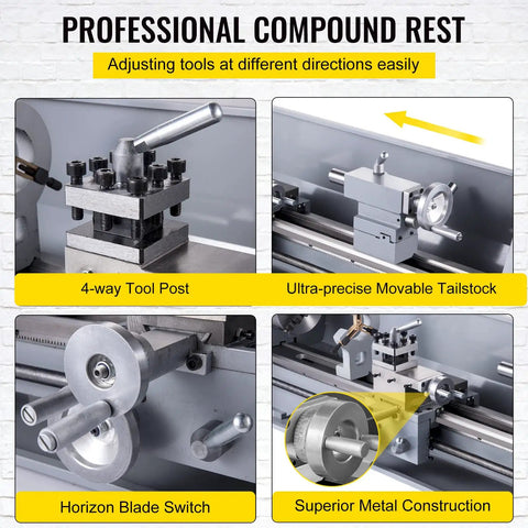 Compact Mini Metal Lathe Machine Delivering Smooth 2500 RPM Variable Speed Rotation Powered By A Kickass 750W Brushless Motor For Any Weekend Warrior Builder, showing 4-way tool post and movable tailstock.