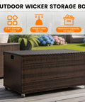Boss Grade 170 Gallon Outdoor Deck Box Crafted From Durable Wicker Rattan With Smooth Roll Wheels, shown in outdoor setting.