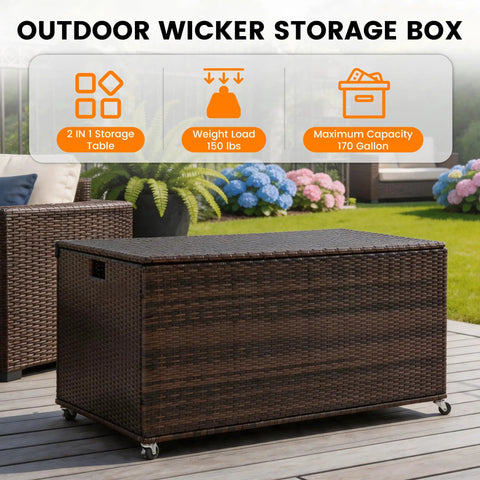 Boss Grade 170 Gallon Outdoor Deck Box Crafted From Durable Wicker Rattan With Smooth Roll Wheels, shown in outdoor setting.