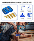 Aluminum Angle Drill Guide Jig With 30 45 90 Degree Settings for woodworking, shown with included titanium-coated drill bits.