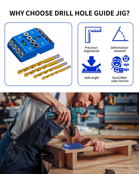 Aluminum Angle Drill Guide Jig With 30 45 90 Degree Settings for woodworking, shown with included titanium-coated drill bits.