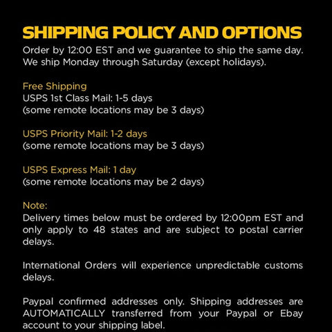 Shipping policy overview detailing delivery options, times, and conditions for orders in the U.S.