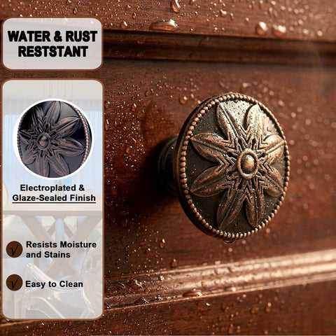 Oil Rubbed Bronze Round Cabinet Knobs 12 Pack 1.4 Inch Diameter Zinc Alloy Hardware installed on a wooden drawer.