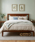 Rock Solid Queen Platform Bed Frame With Attached Brown Wood Headboard And Heavy Duty Pine Slats in a cozy bedroom setting.