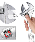 Heavy Duty 15 Inch Adjustable Wrench Built Tough With Drop Forged Steel, Chrome Plated Finish, held to show jaw opening