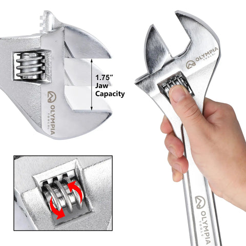 Heavy Duty 15 Inch Adjustable Wrench Built Tough With Drop Forged Steel, Chrome Plated Finish, held to show jaw opening