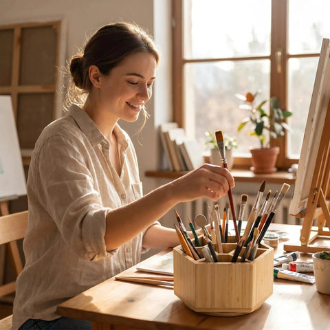 Artist using 360 Degree Rotating Bamboo Desk Organizer With Hexagonal Compartments to hold brushes and pencils