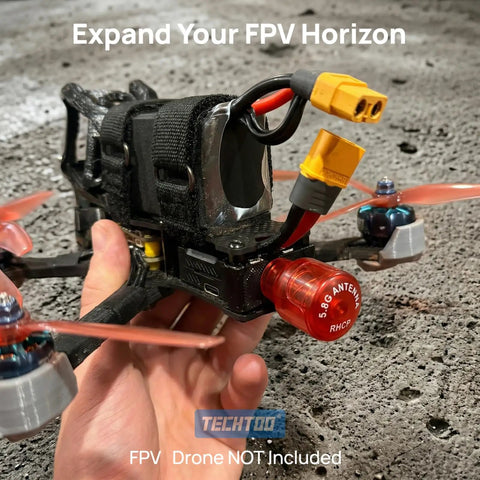 Hand holding quadcopter with Stubby FPV Antenna For 5.8G RHCP 2.3 Dbi Gain With RP SMA Connector Compact Red Dual Pack