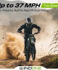 Rider on Gnarly High-Performance Electric Dirt Bike For Teens And Adults Up To 37 MPH With 2200W Peak Motor, dust trail.