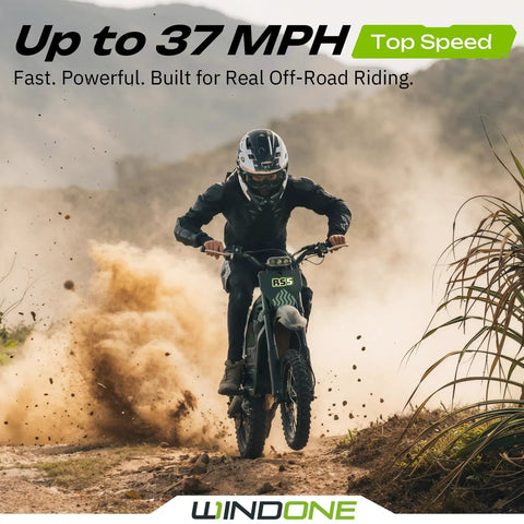 Rider on Gnarly High-Performance Electric Dirt Bike For Teens And Adults Up To 37 MPH With 2200W Peak Motor, dust trail.