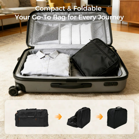 Khalor 28-inch expandable rolling duffle bag by Amazon, grey soft luggage opened to reveal interior with clothes