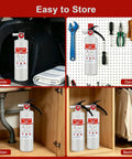 Four Pack Of 2.5 Lb Abc Dry Chemical Fire Extinguishers Rated 1A 10B C in vehicle, garage, kitchen, and bedroom storage.