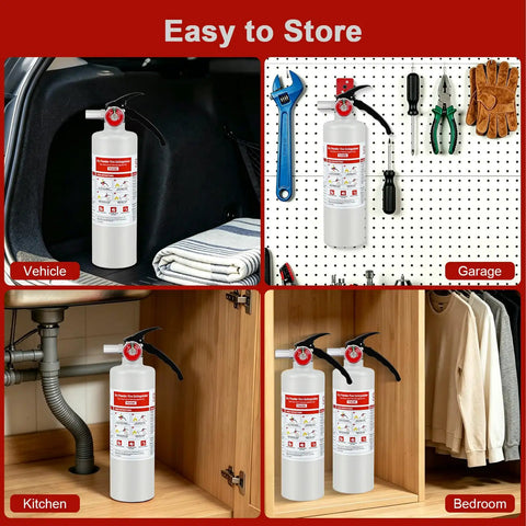 Four Pack Of 2.5 Lb Abc Dry Chemical Fire Extinguishers Rated 1A 10B C in vehicle, garage, kitchen, and bedroom storage.