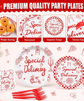 Image showcasing the 96 Piece Special Delivery Pizza Paper Plates And Napkins Set with chic red white checkered prints for parties.