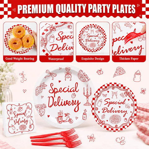 Image showcasing the 96 Piece Special Delivery Pizza Paper Plates And Napkins Set with chic red white checkered prints for parties.