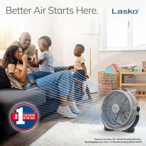 Air Circulator Floor Fan With Three Speeds 20 Inch Model 3300 Gray in a family room setting.