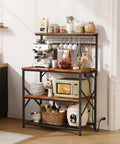 Rustic Brown Kitchen Bakers Rack With Power Outlets And A 31.5 Inch Desktop Four Tier Storage Coffee Bar Station With Eight S Hooks Microwave And Spice Organizer For Pots And Appliances
