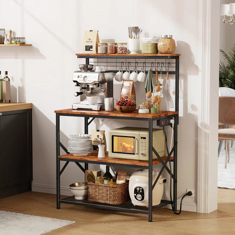 Rustic Brown Kitchen Bakers Rack With Power Outlets And A 31.5 Inch Desktop Four Tier Storage Coffee Bar Station With Eight S Hooks Microwave And Spice Organizer For Pots And Appliances