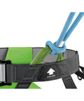 Close-up of Double Canyon Lanyard For Canyoning attached to harness with adjustable anchor system in outdoor gear setup.