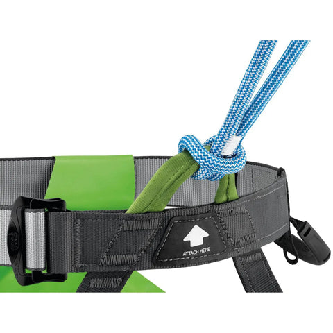Close-up of Double Canyon Lanyard For Canyoning attached to harness with adjustable anchor system in outdoor gear setup.
