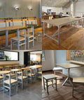 Indoor cafe furniture with wooden tables and chairs in a modern setting