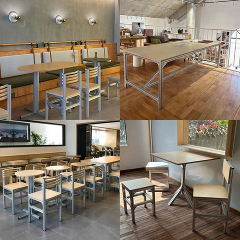 Indoor cafe furniture with wooden tables and chairs in a modern setting